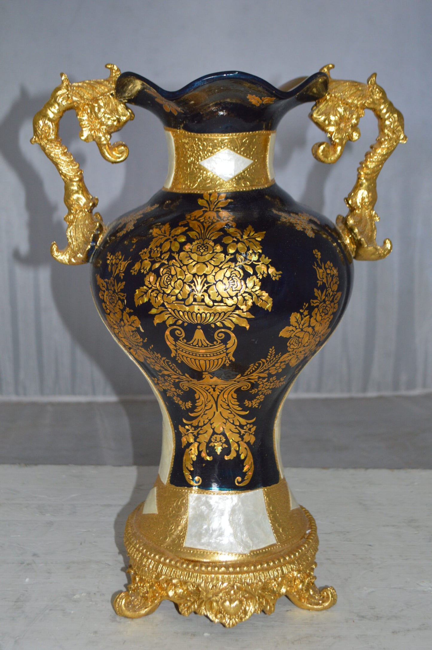 Decoration Vase 18" H Blue White and Gold -  Size: 7"L x 12"W x 18"H.