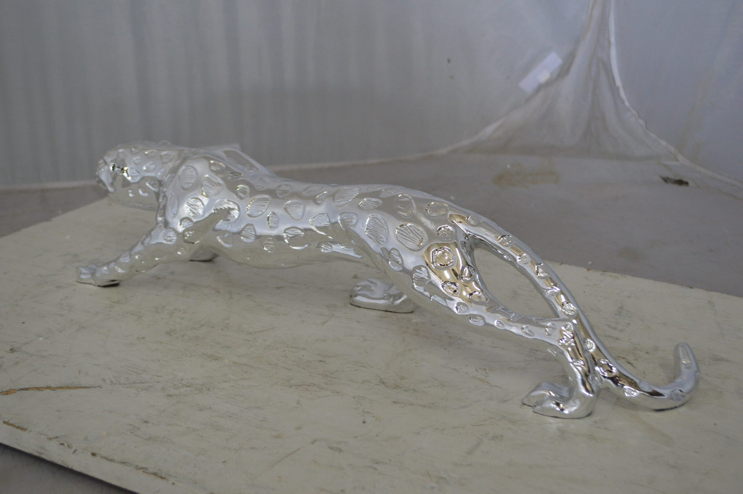 Modern Art Silver Jaguar Statue Made of Resin -  Size: 23"L x 6"W x 7"H.