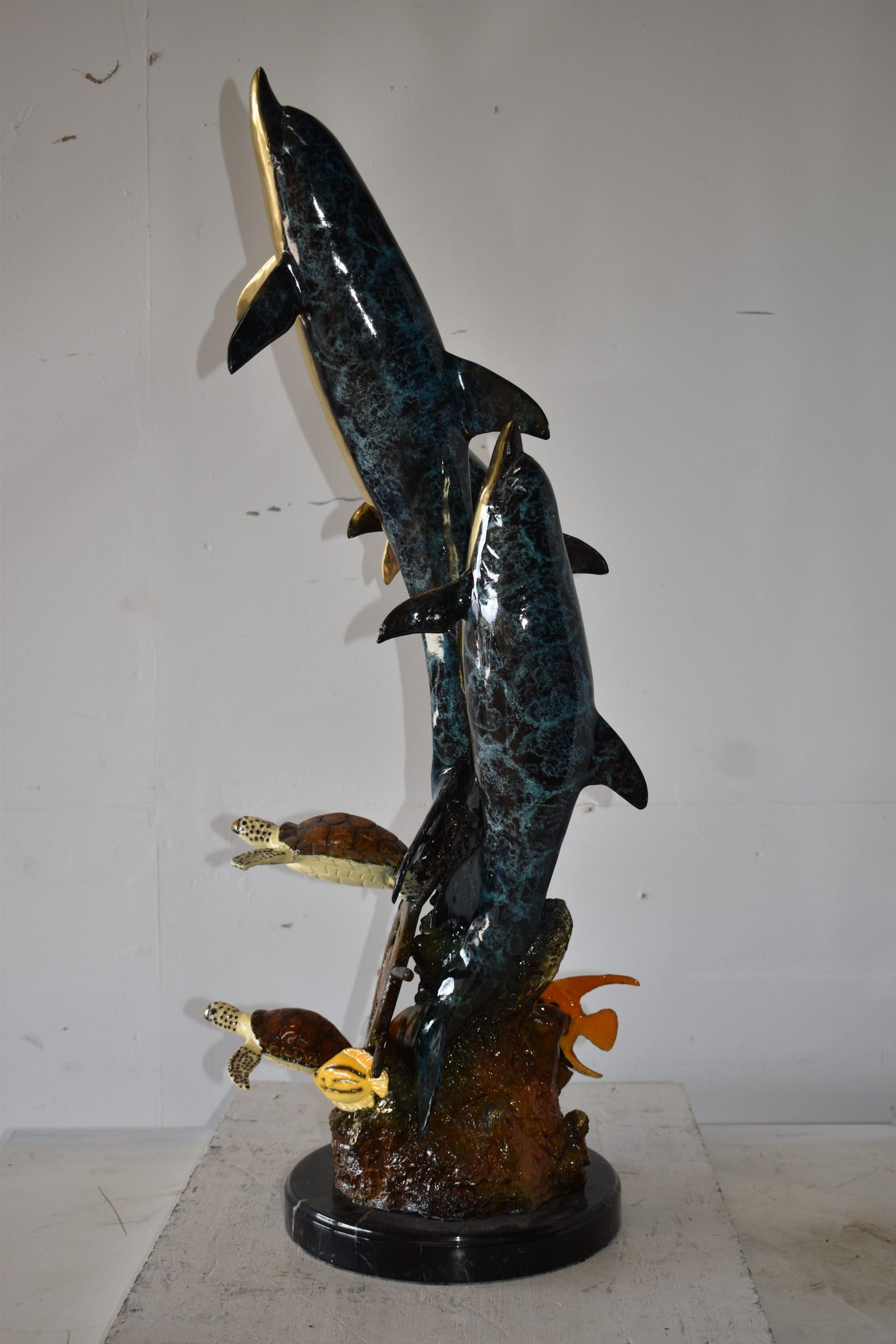 Three Dolphins Turtles and Boat Wheel Bronze Statue Size: 17" x 13" x 40"H