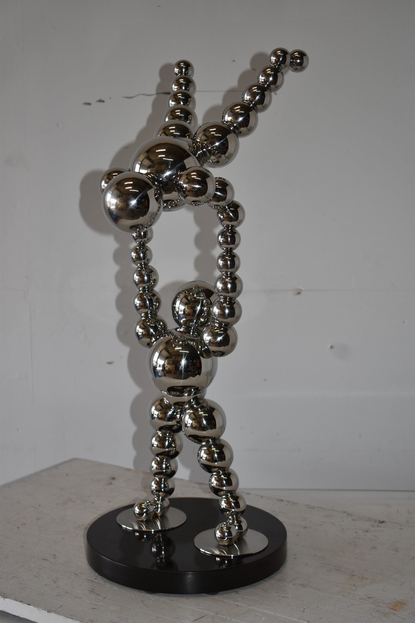 Modern Art Acrobat Couple in Action Chrome Balls Statue Size: 12" x 14" x 27"H