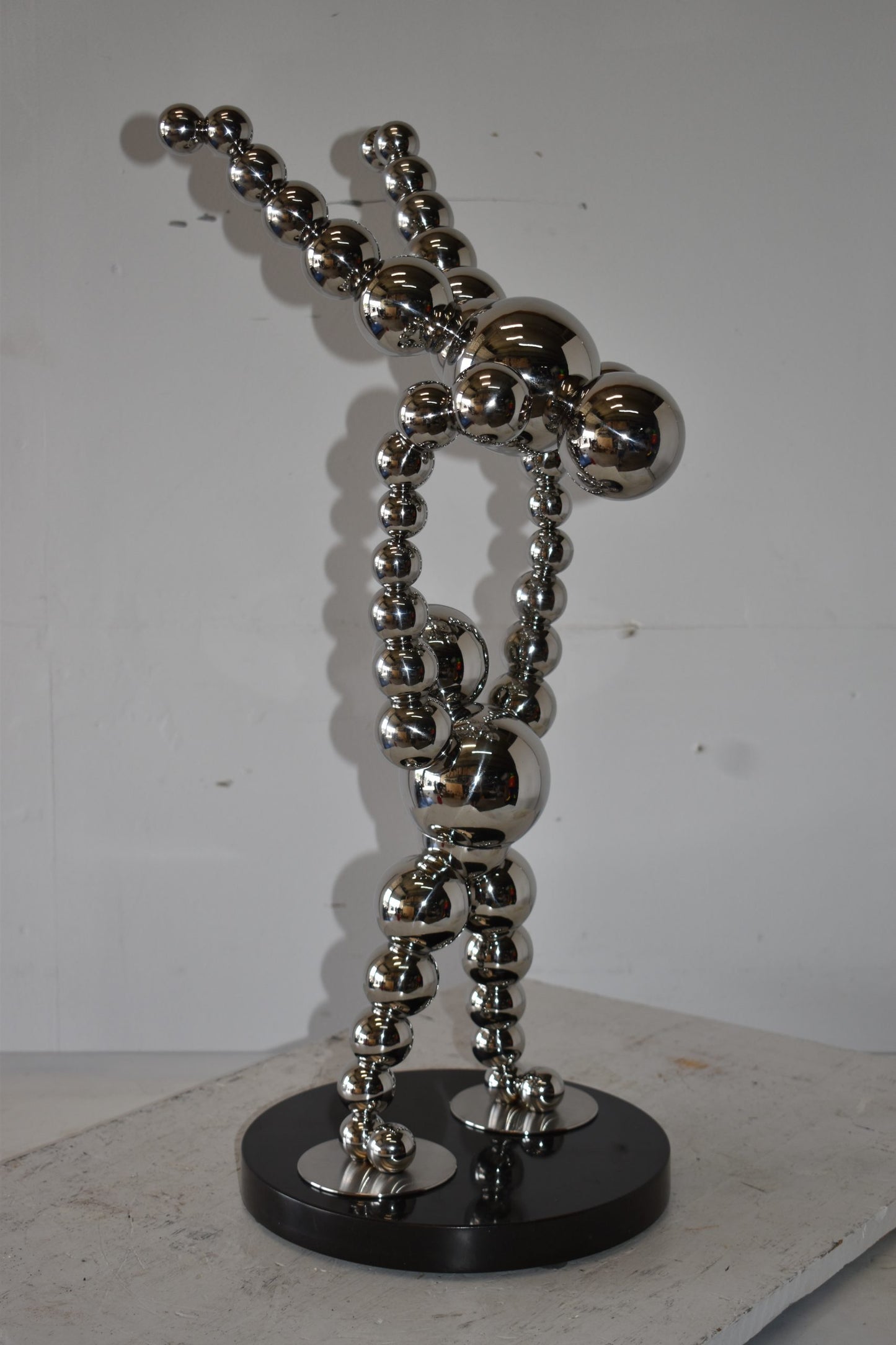Modern Art Acrobat Couple in Action Chrome Balls Statue Size: 12" x 14" x 27"H
