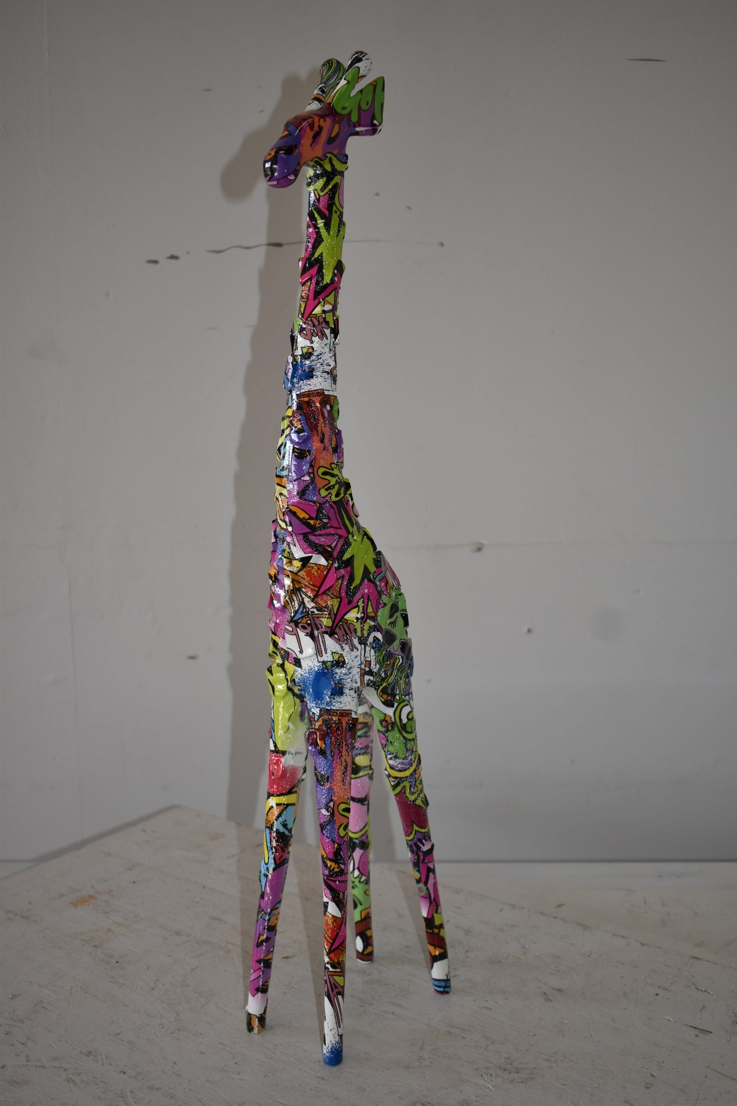 Modern Graffiti Giraffe Statue Made of Resin Size: 4" x 6" x 30"H
