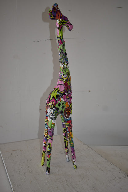 Modern Graffiti Giraffe Statue Made of Resin Size: 4" x 6" x 30"H