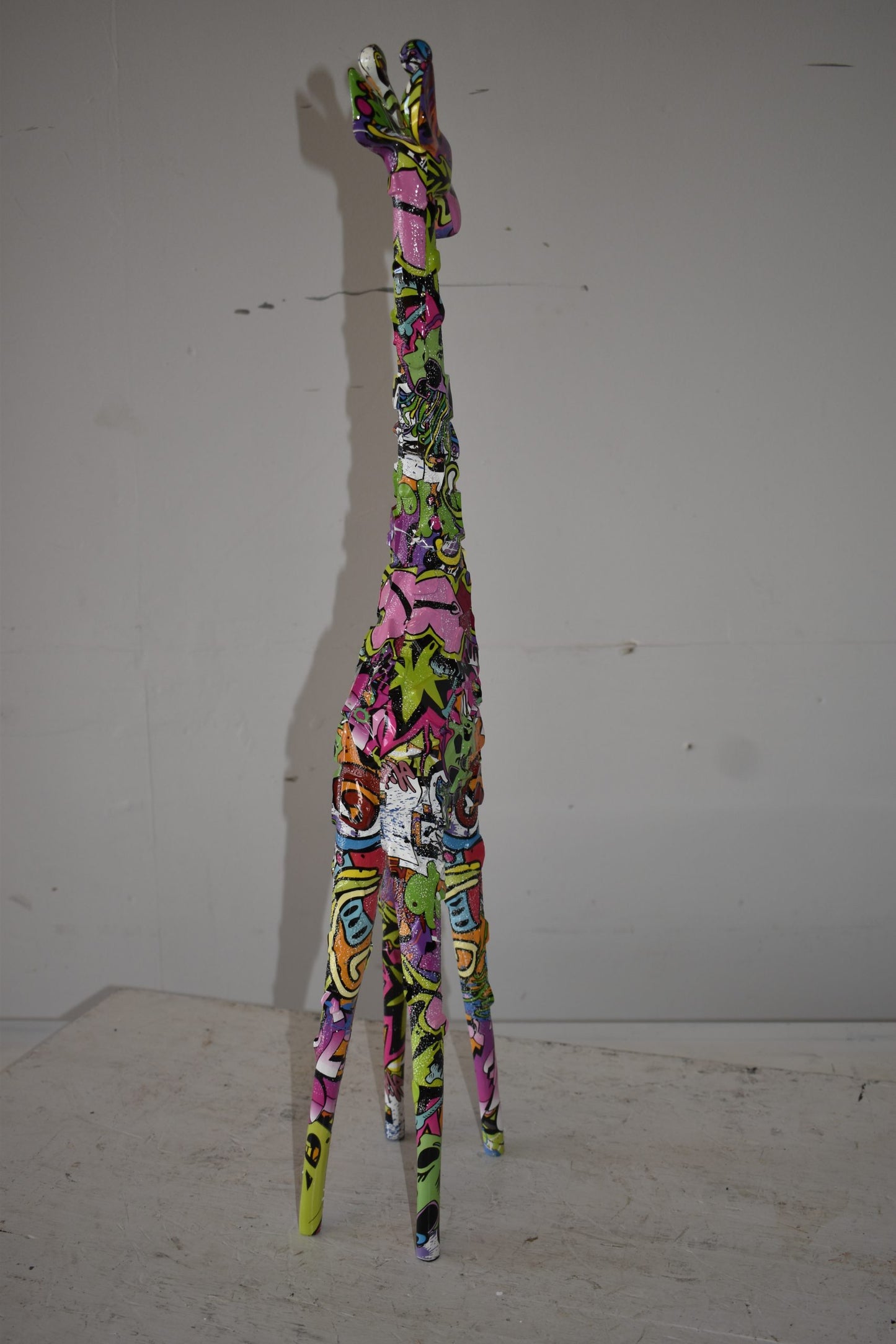Modern Graffiti Giraffe Statue Made of Resin Size: 4" x 6" x 30"H