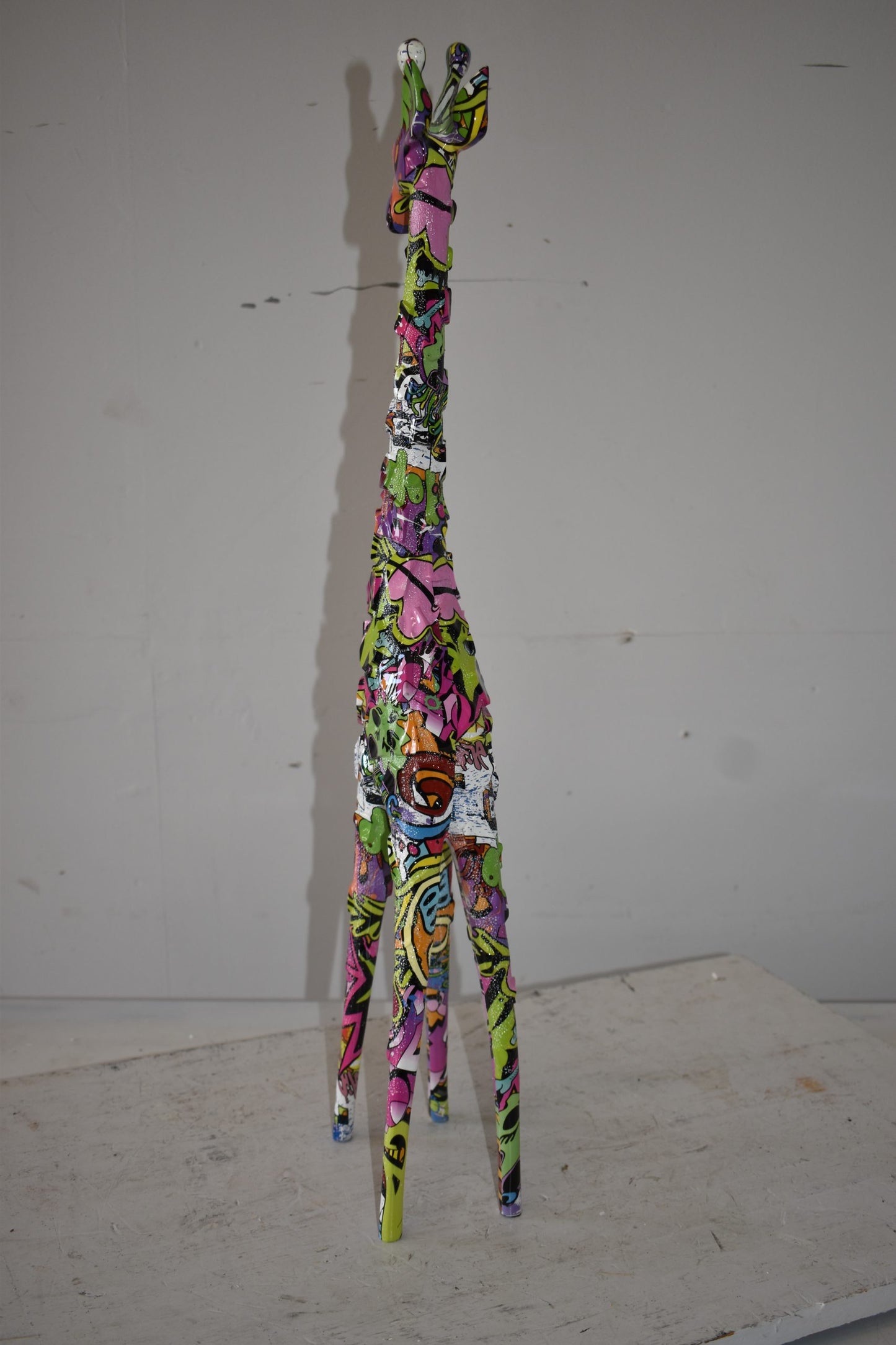 Modern Graffiti Giraffe Statue Made of Resin Size: 4" x 6" x 30"H