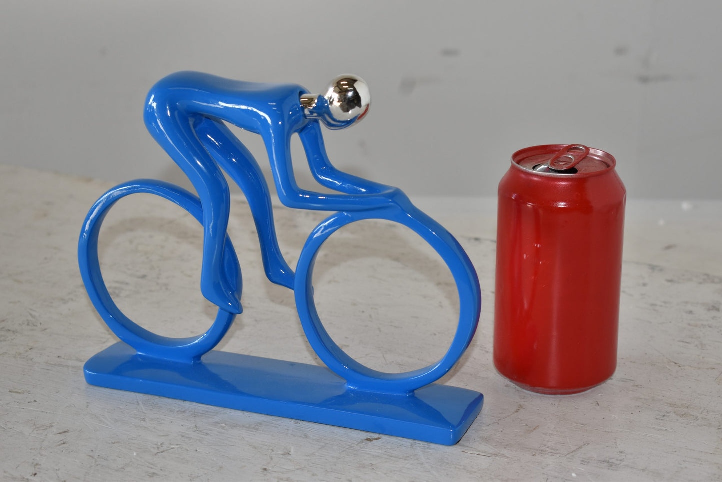 Modern Art Blue Chrome Rider on His Bicycle Resin Statue Size: 8" x 2" x 6"H