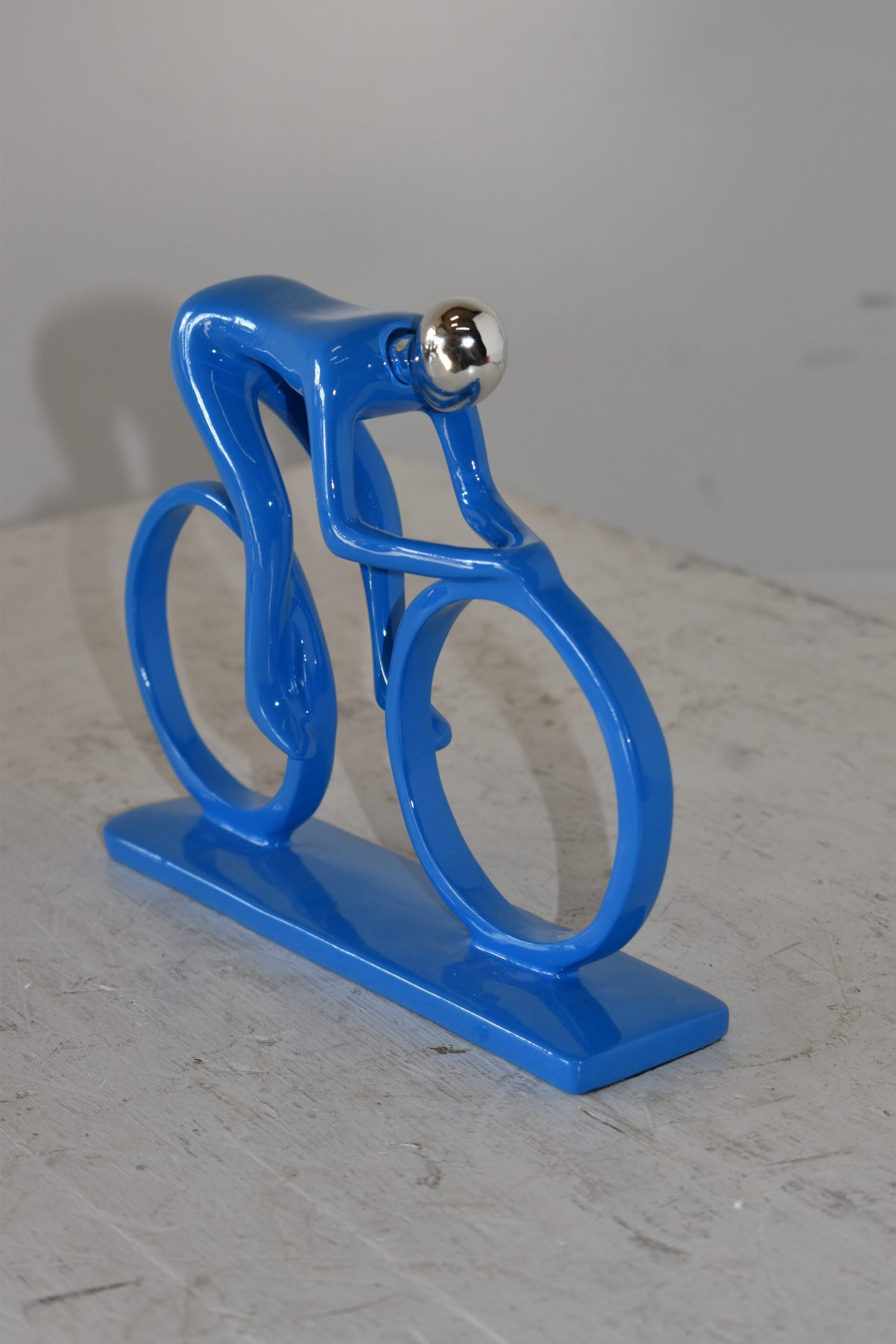Modern Art Blue Chrome Rider on His Bicycle Resin Statue Size: 8" x 2" x 6"H