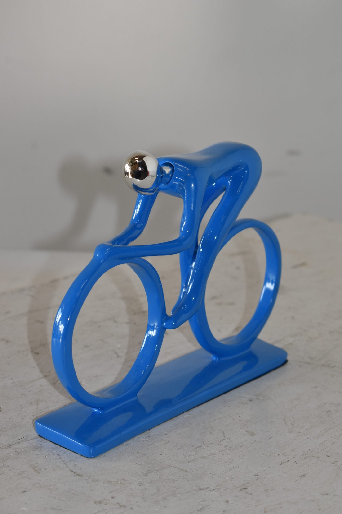 Modern Art Blue Chrome Rider on His Bicycle Resin Statue Size: 8" x 2" x 6"H