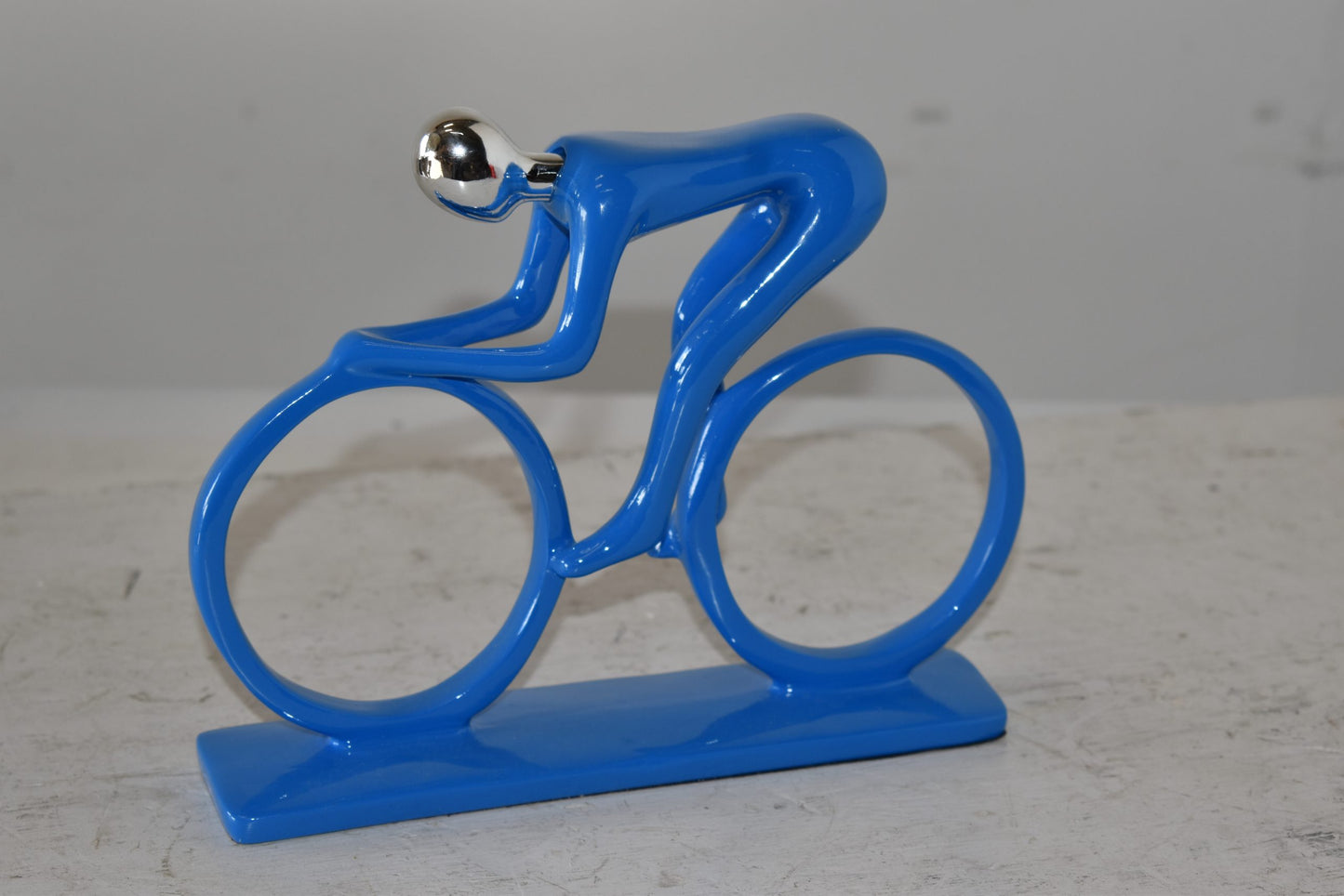 Modern Art Blue Chrome Rider on His Bicycle Resin Statue Size: 8" x 2" x 6"H