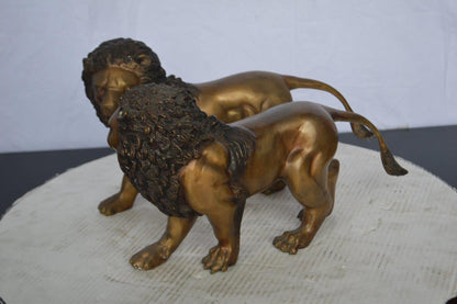 Pair of Lions Bronze Statue, Small -  Size: 16"L x 5"W x 9"H.