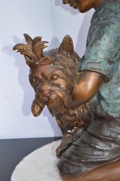 Young Child Playing With His Dog Bronze Statue -  Size: 18"L x 17"W x 26"H.
