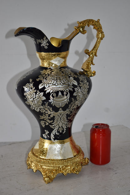 Black and Silver Rounded Hydria Resin Vase Size: 11" x 8" x 18"H