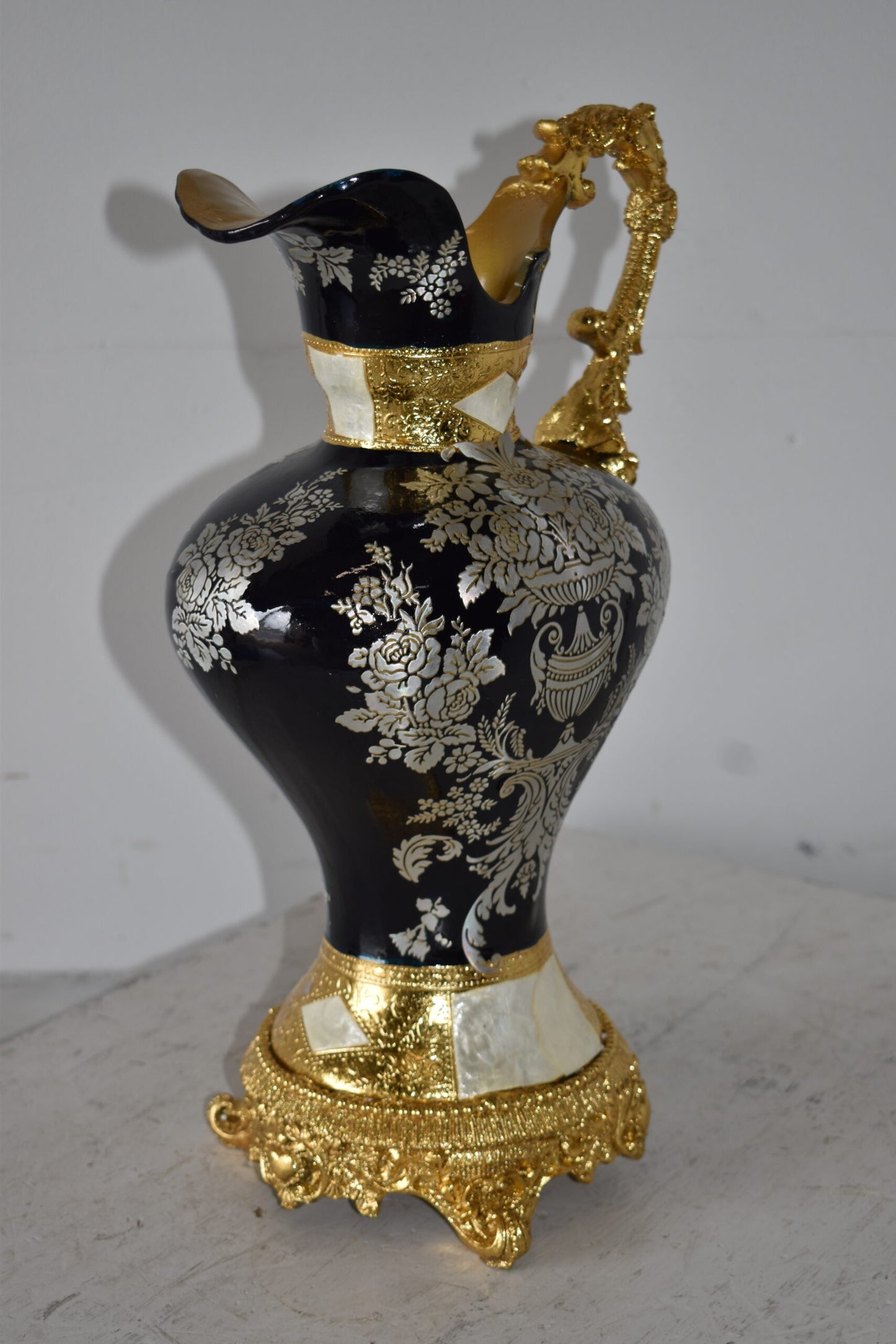 Black and Silver Rounded Hydria Resin Vase Size: 11" x 8" x 18"H
