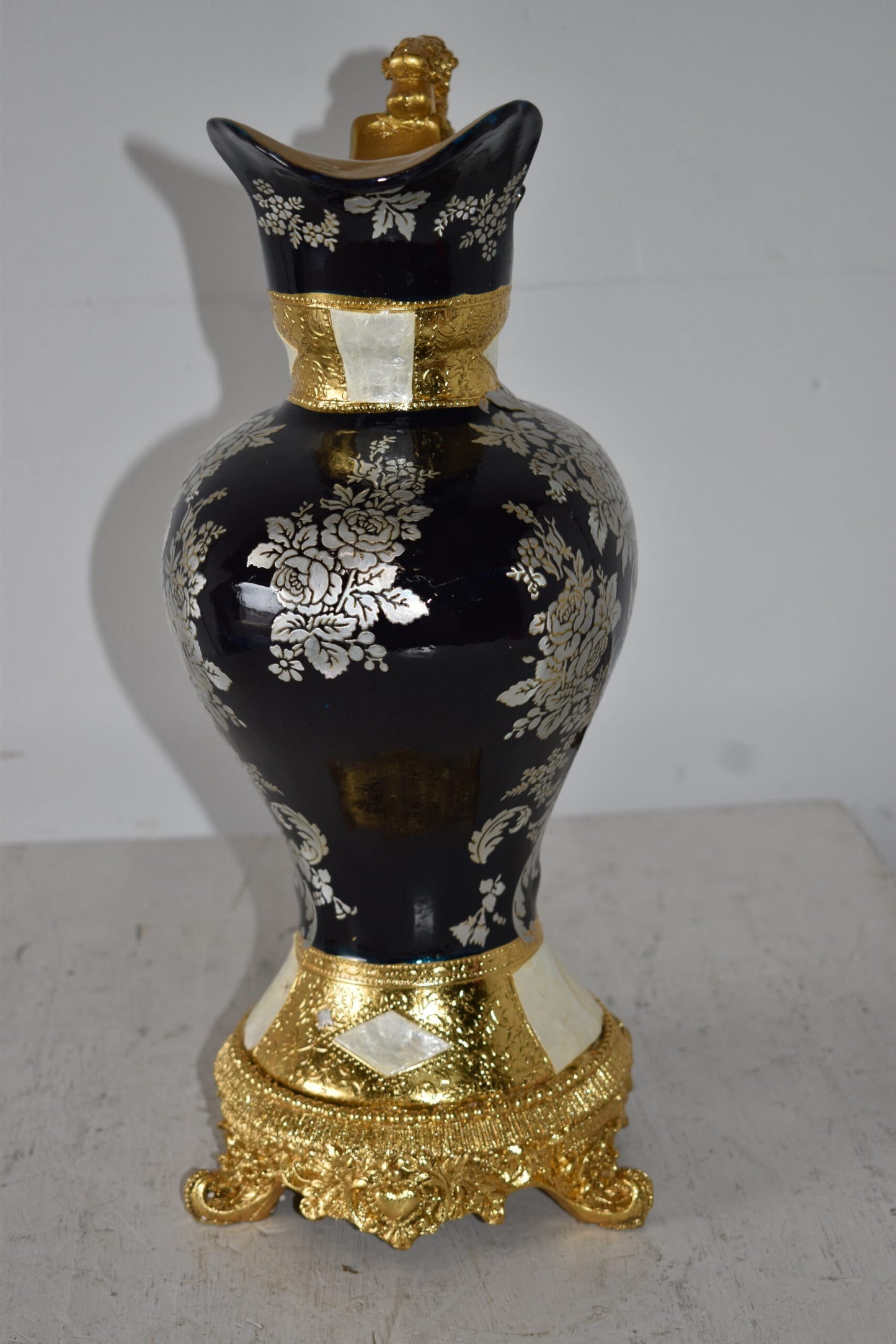 Black and Silver Rounded Hydria Resin Vase Size: 11" x 8" x 18"H