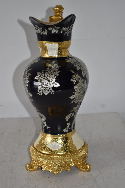 Black and Silver Rounded Hydria Resin Vase Size: 11" x 8" x 18"H