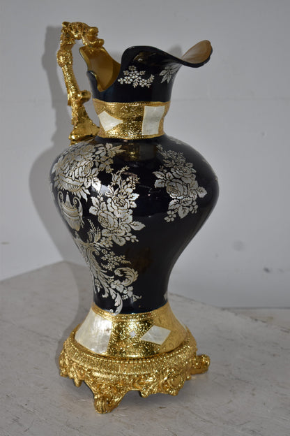 Black and Silver Rounded Hydria Resin Vase Size: 11" x 8" x 18"H