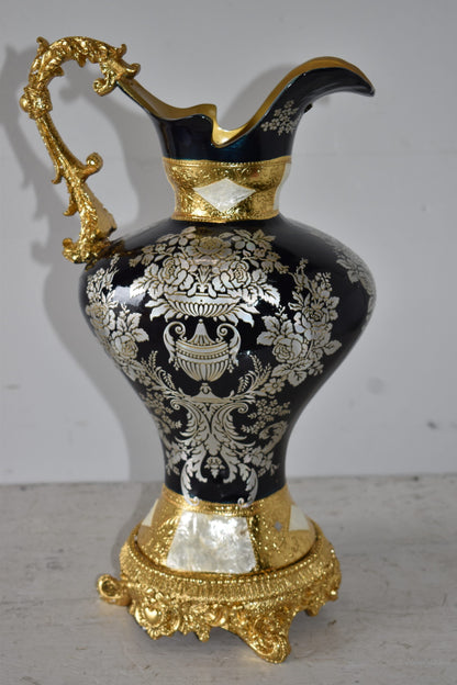 Black and Silver Rounded Hydria Resin Vase Size: 11" x 8" x 18"H