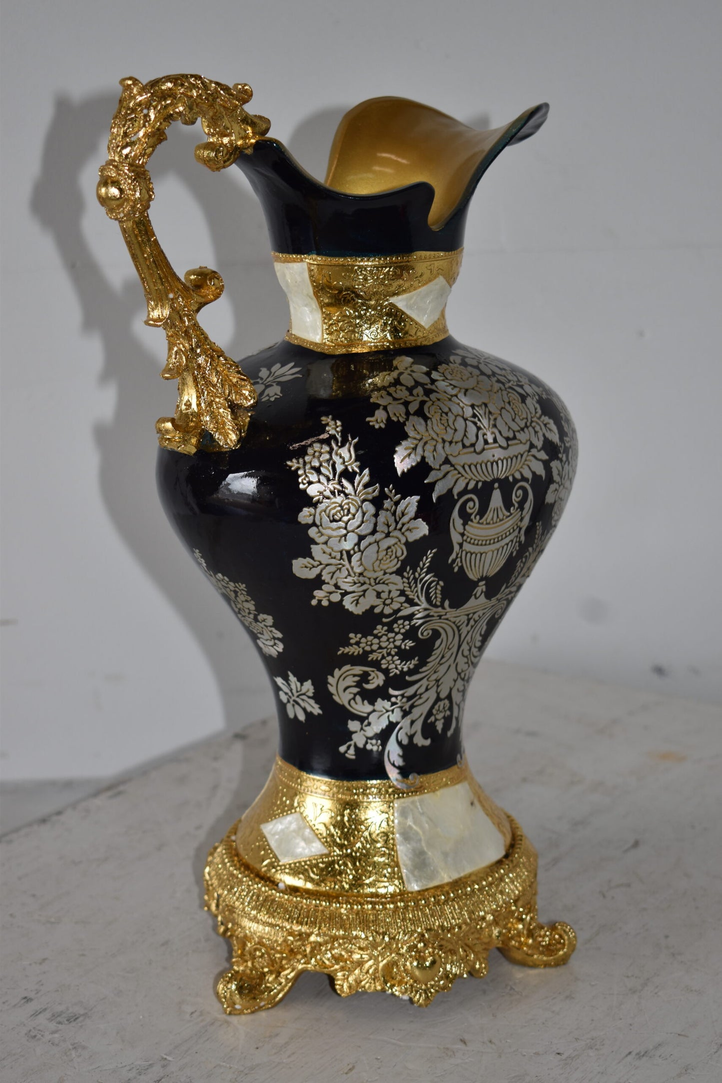 Black and Silver Rounded Hydria Resin Vase Size: 11" x 8" x 18"H