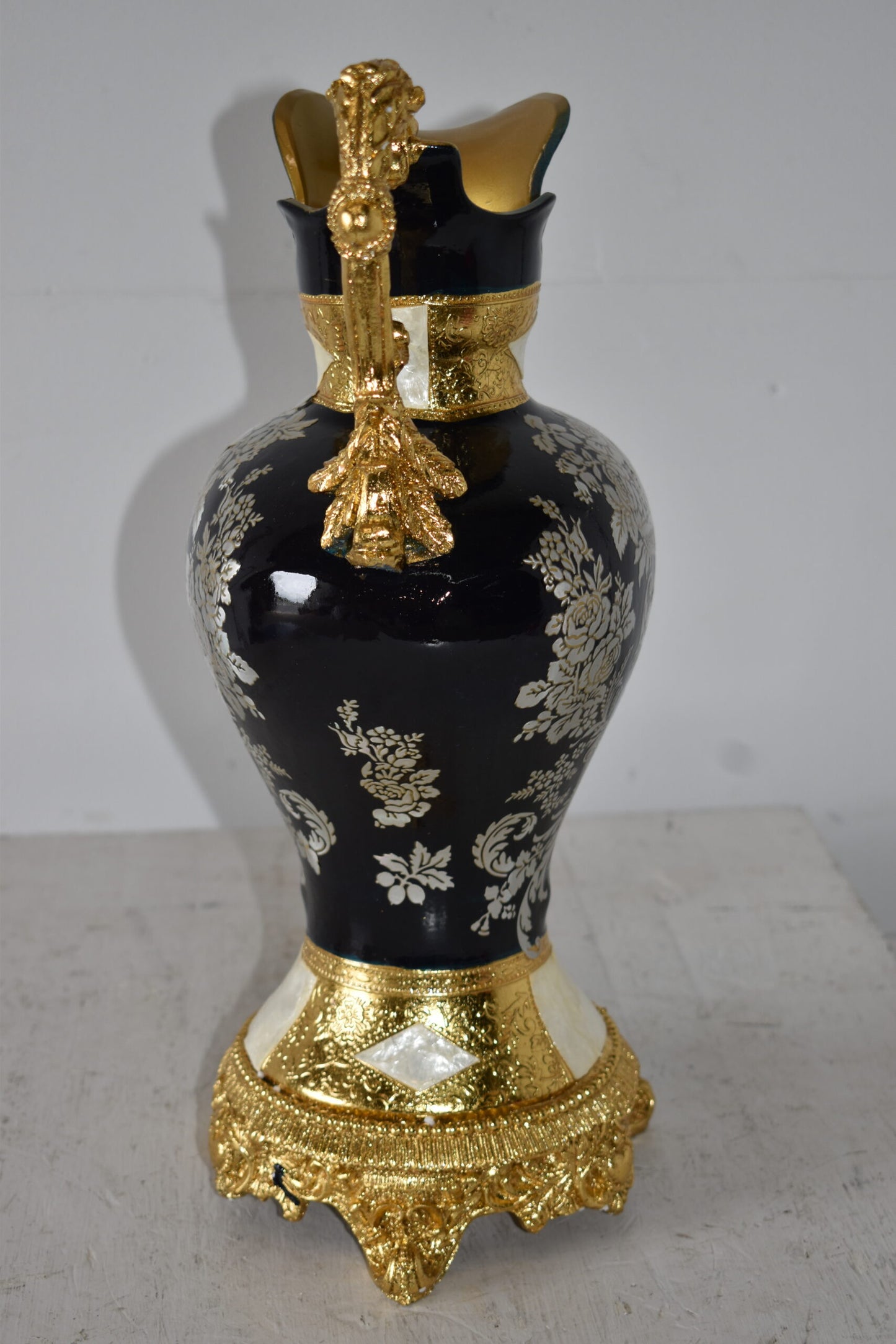 Black and Silver Rounded Hydria Resin Vase Size: 11" x 8" x 18"H