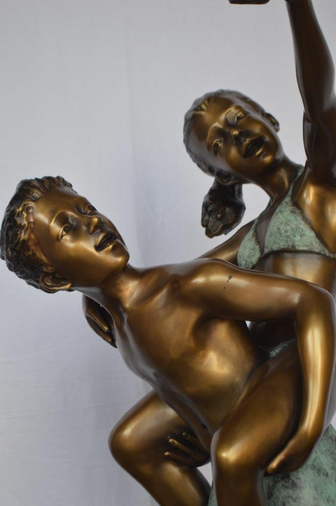 Kids Taking a Selfie W a Smartphone Bronze Statue -  Size: 23"L x 20"W x 43"H.