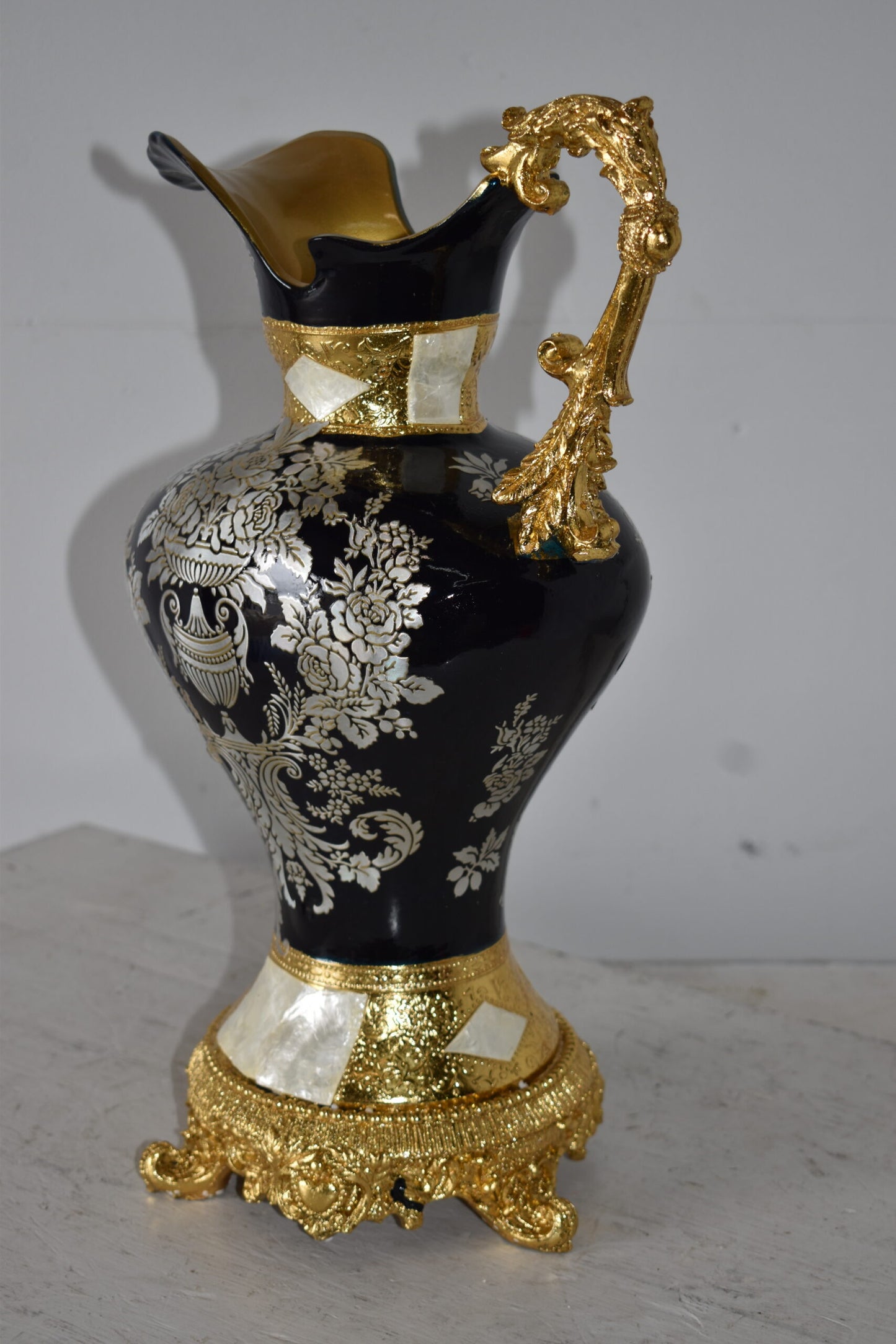 Black and Silver Rounded Hydria Resin Vase Size: 11" x 8" x 18"H