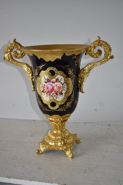 Black and Gold Large Krater Decoration Resin Vase Size: 17" x 10" x 16"H