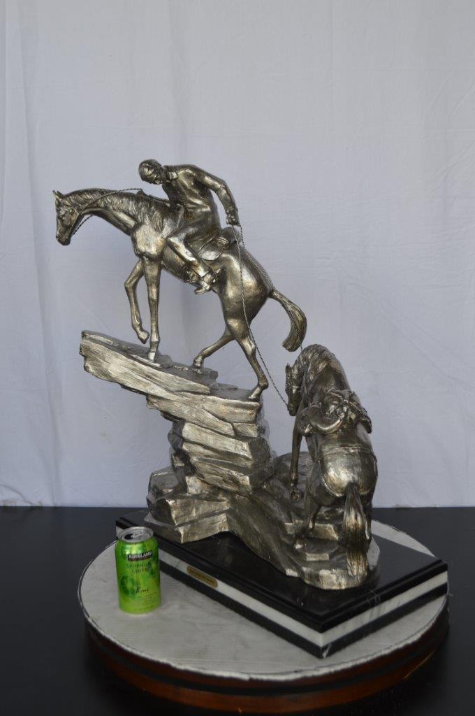 Man with two horses silver finish Bronze Statue -  Size: 25"L x 13"W x 26"H.