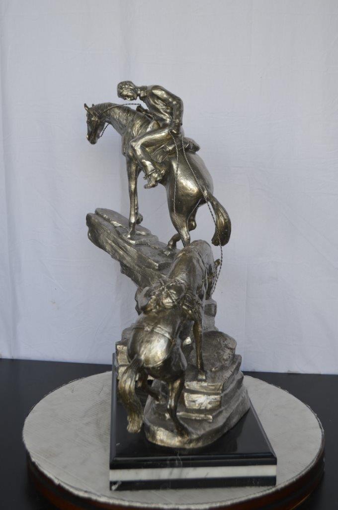 Man with two horses silver finish Bronze Statue -  Size: 25"L x 13"W x 26"H.