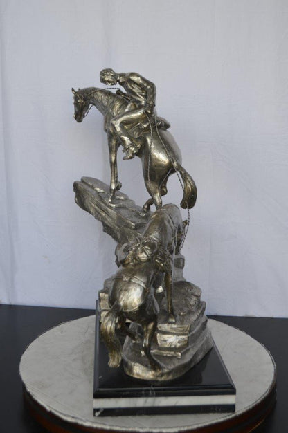 Man with two horses silver finish Bronze Statue -  Size: 25"L x 13"W x 26"H.