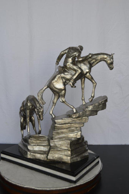 Man with two horses silver finish Bronze Statue -  Size: 25"L x 13"W x 26"H.