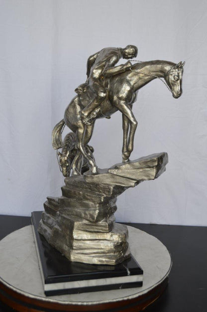 Man with two horses silver finish Bronze Statue -  Size: 25"L x 13"W x 26"H.