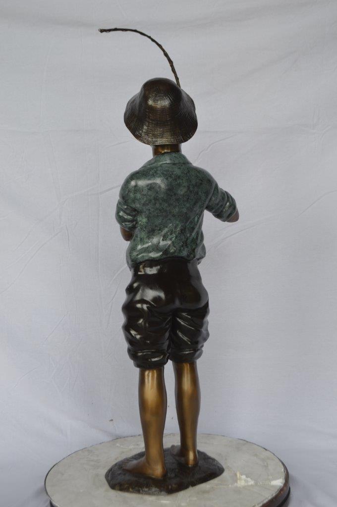 Boy with fishing rod  bronze statue -  Size: 11"L x 14"W x 44"H.