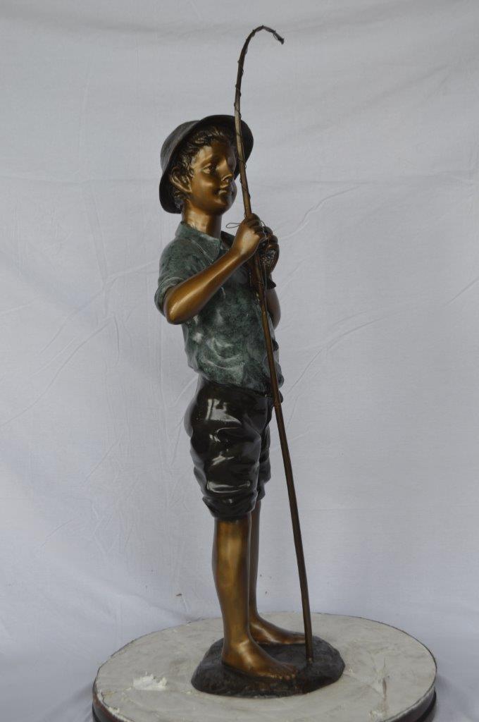 Boy with fishing rod  bronze statue -  Size: 11"L x 14"W x 44"H.