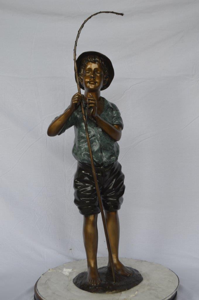 Boy with fishing rod  bronze statue -  Size: 11"L x 14"W x 44"H.