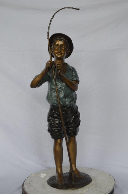 Boy with fishing rod  bronze statue -  Size: 11"L x 14"W x 44"H.