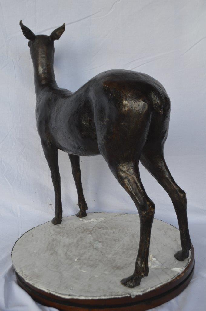Doe - baby deer bronze statue -  Size: 30"L x 8"W x 30"H.