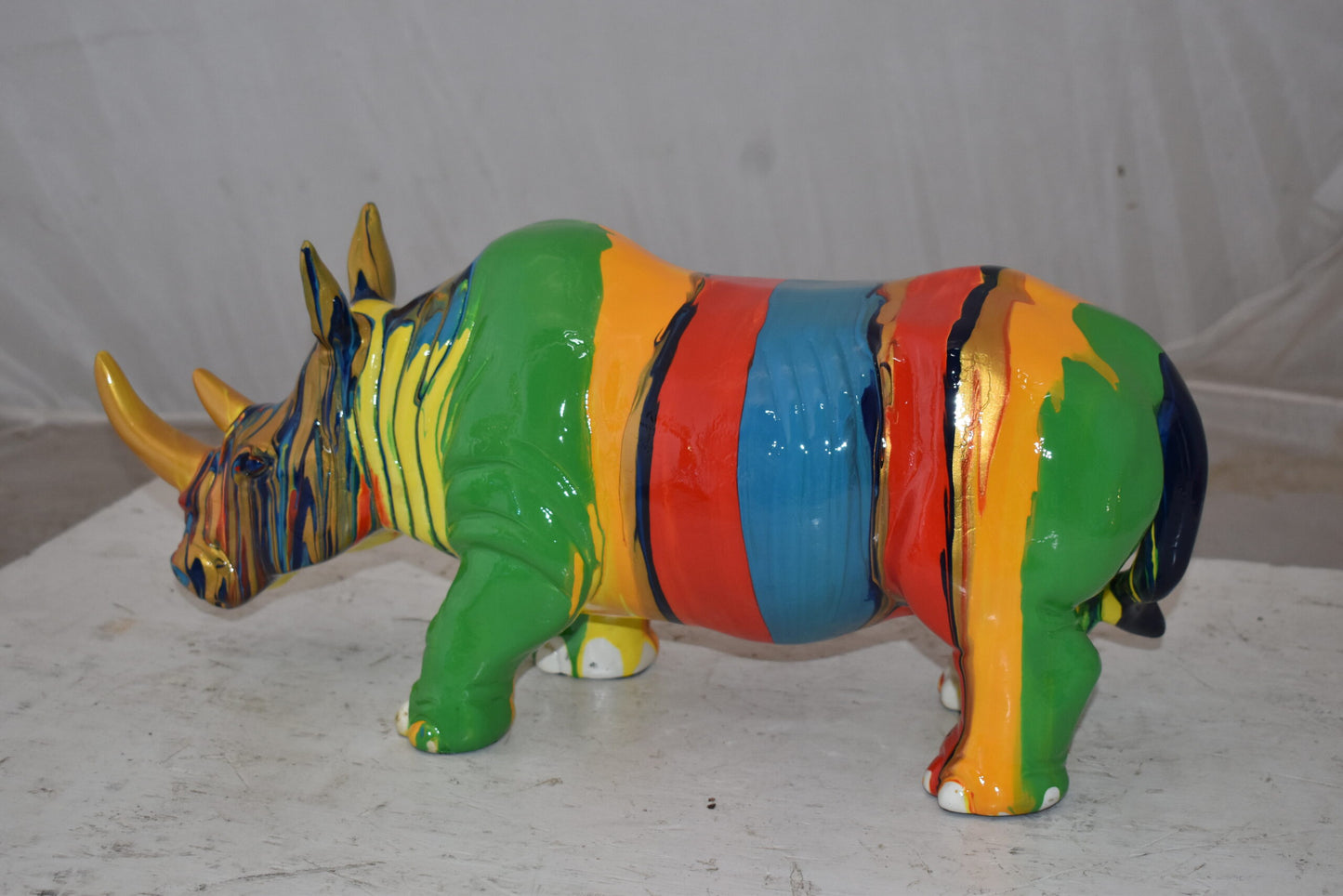 Multicolor Striped Rhino Resin Statue Size: 20" x 6" x 9"H