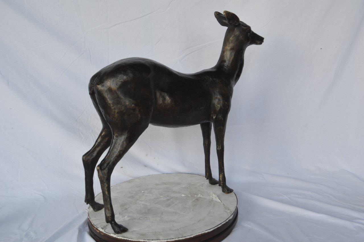 Doe - baby deer bronze statue -  Size: 30"L x 8"W x 30"H.