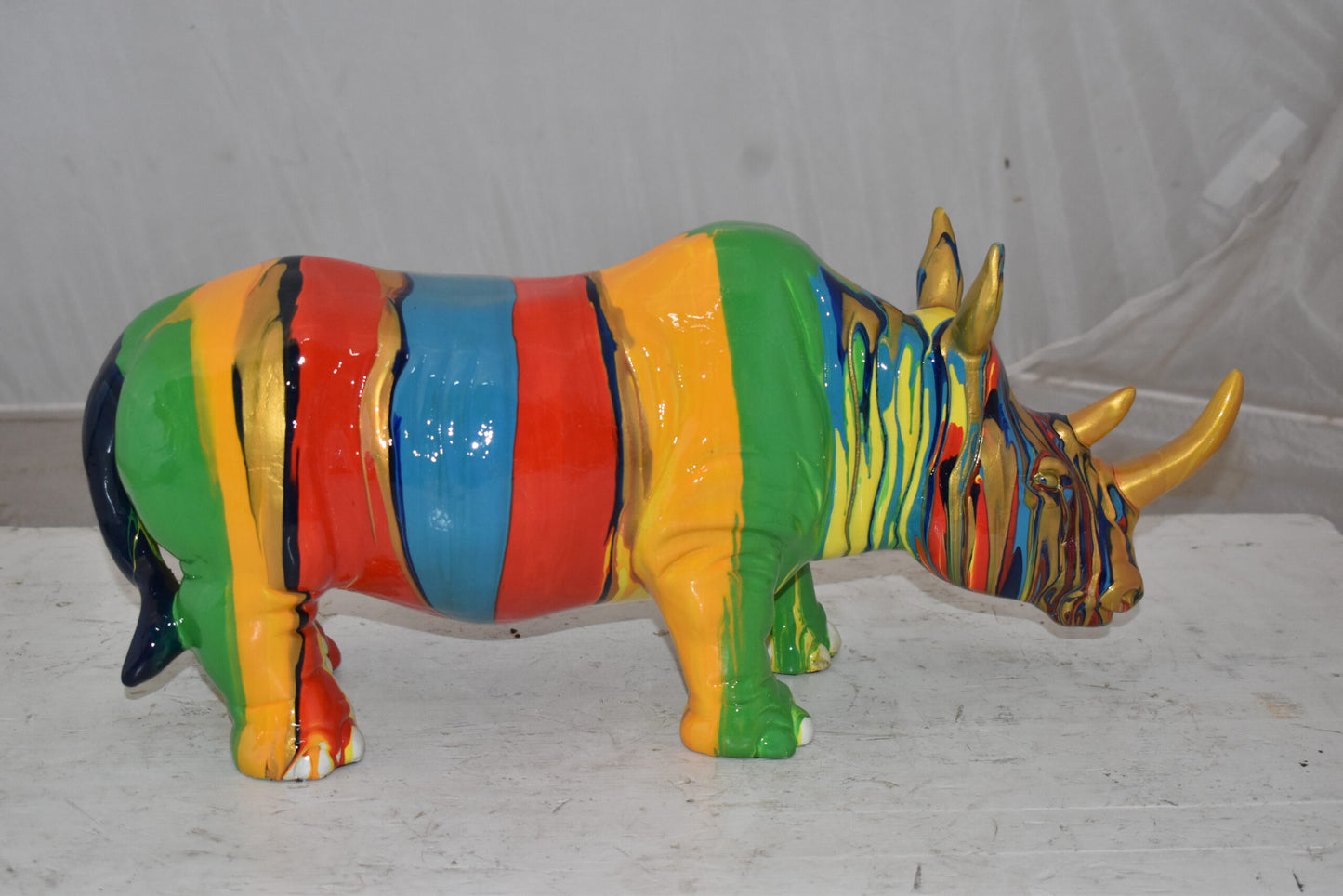 Multicolor Striped Rhino Resin Statue Size: 20" x 6" x 9"H