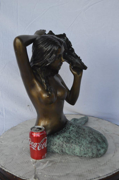 Mermaid with Conch  shell bronze statue -  Size: 16"L x 17"W x 21"H.