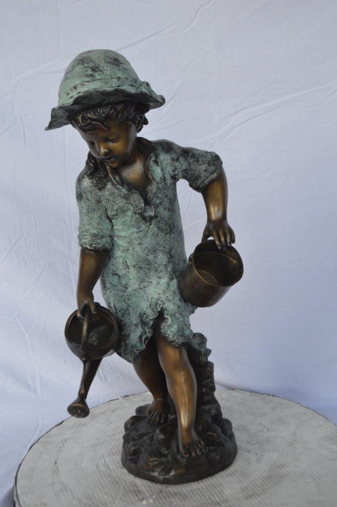 Young girl gardening bronze fountain statue -  Size: 12"L x 14"W x 28"H.