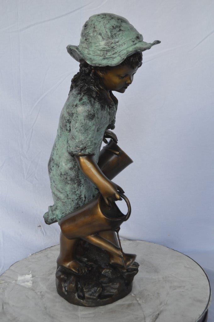 Young girl gardening bronze fountain statue -  Size: 12"L x 14"W x 28"H.