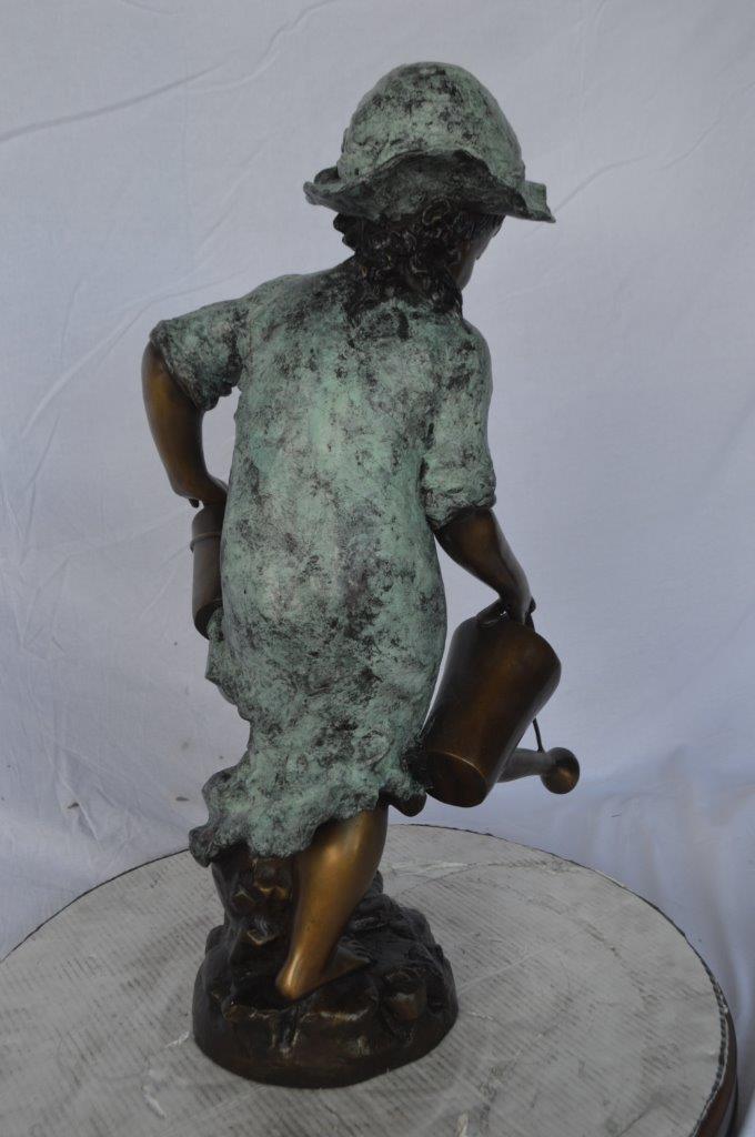 Young girl gardening bronze fountain statue -  Size: 12"L x 14"W x 28"H.