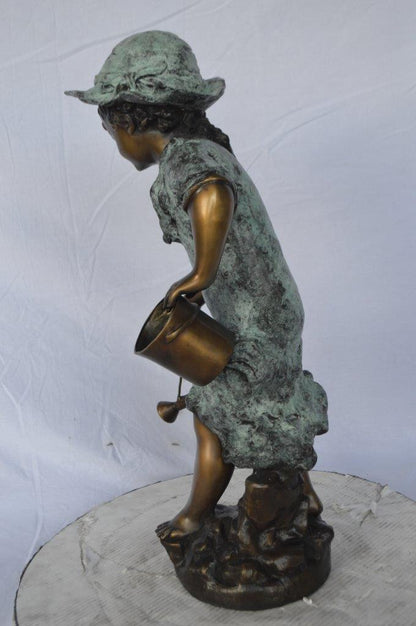 Young girl gardening bronze fountain statue -  Size: 12"L x 14"W x 28"H.