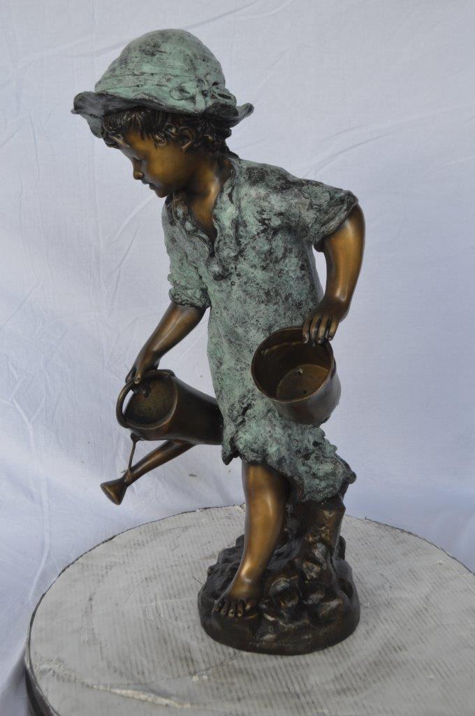 Young girl gardening bronze fountain statue -  Size: 12"L x 14"W x 28"H.