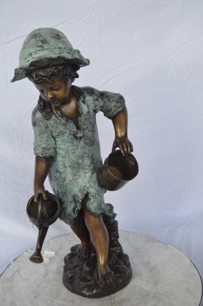 Young girl gardening bronze fountain statue -  Size: 12"L x 14"W x 28"H.