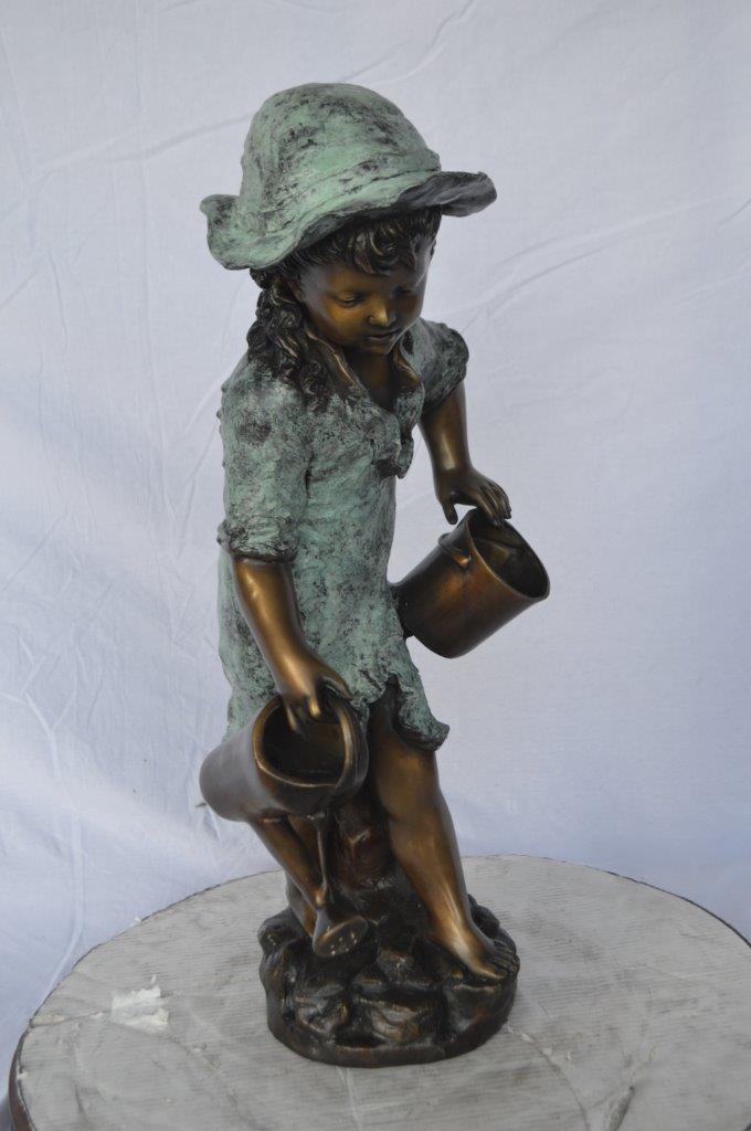 Young girl gardening bronze fountain statue -  Size: 12"L x 14"W x 28"H.