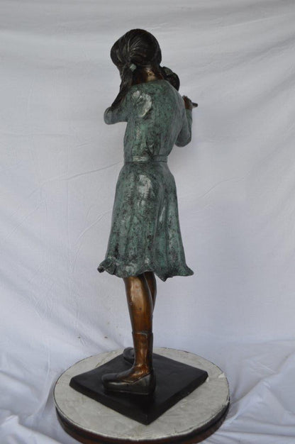 Girl playing flute large bronze statue -  Size: 30"L x 15"W x 50"H.