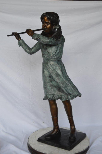 Girl playing flute large bronze statue -  Size: 30"L x 15"W x 50"H.
