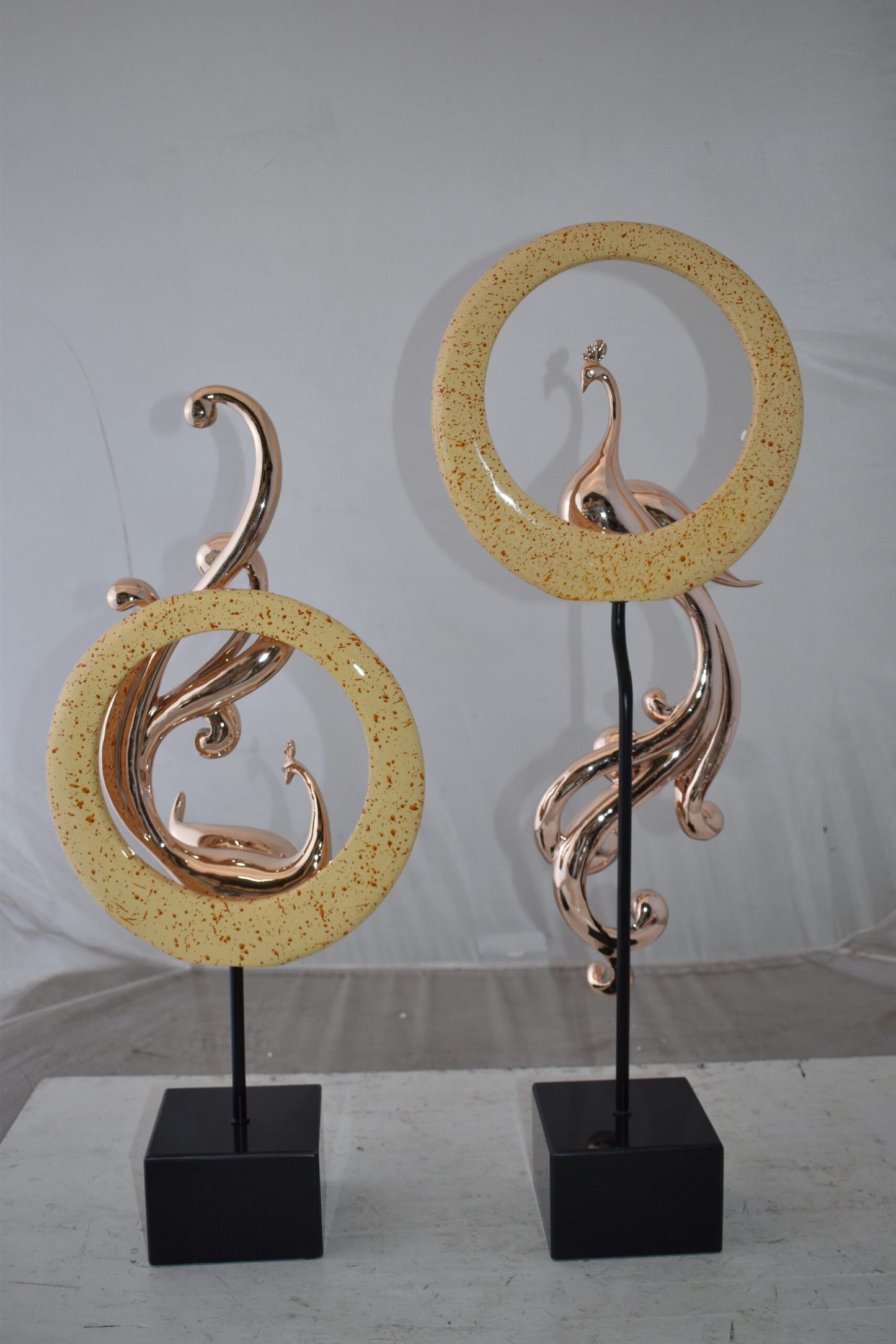 Set of Graceful Rose Gold Finished Peacocks Resin Statue Size: 11" x 6" x 28"H